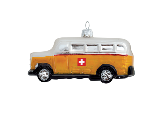 Glas Ornament Postauto mit CH-Kreuz, 10.5 x 3.5cm
