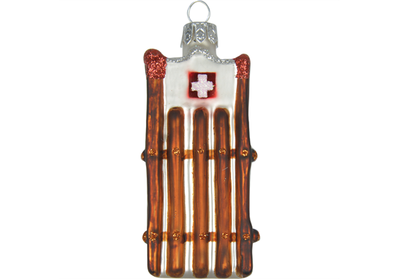 Glas Ornament Schlitten mit Schweizerkreuz