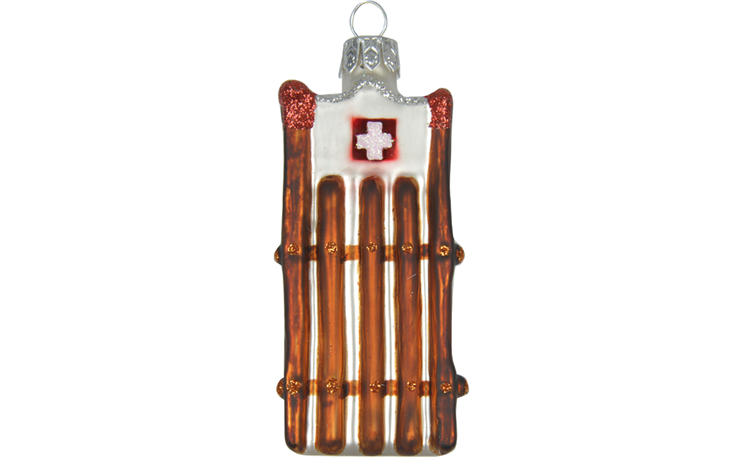 Glas Ornament Schlitten mit Schweizerkreuz