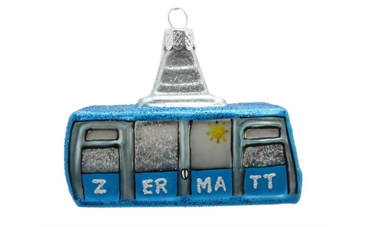 Glas Ornament Schweizer Luftseilbahn blau Zermatt