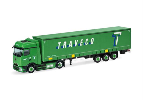 Herpa 320177 MB eActros Bigspace ProCabin Gardinenplanen-Sattelzug "Traveco" (CH) 1/87
