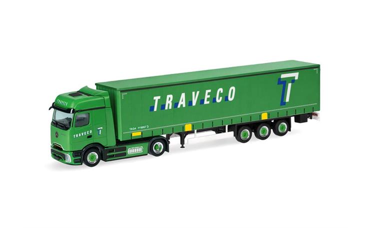 Herpa 320177 MB eActros Bigspace ProCabin Gardinenplanen-Sattelzug "Traveco" (CH) 1/87