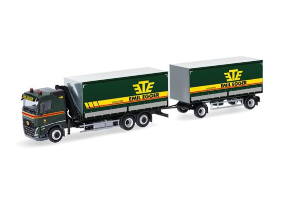 Herpa 320504 Volvo FH 2020 Flachdach Planen-Hängerzug mit Kran "Emil Egger" (CH) 1/87
