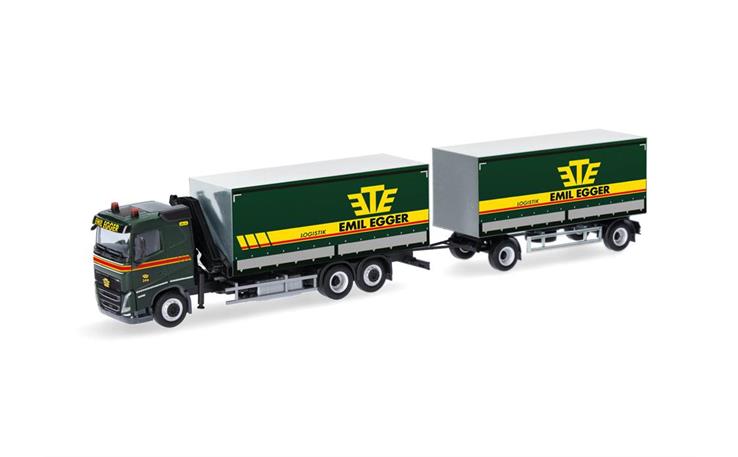 Herpa 320504 Volvo FH 2020 Flachdach Planen-Hängerzug mit Kran "Emil Egger" (CH) 1/87