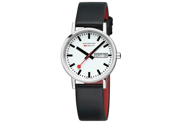 MONDAINE, Classic Day Date 36mm, Edelstahl poliert, Schwarzes Veganes Trauben Lederarmband