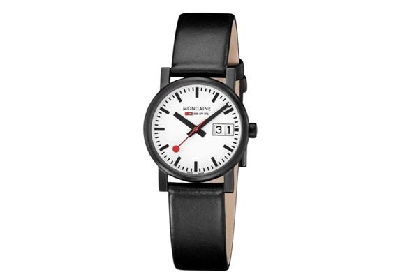 MONDAINE Evo2 30mm, schwarze Lederarmbanduhr
