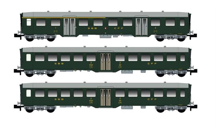 MW-Modell N-CH-220a Leichtstahlwagenset 3-tlg SBB, Spur N