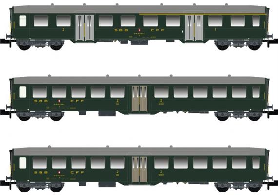 MW-Modell N-CH-220c Leichtstahlwagenset 3-tlg SBB, Spur N