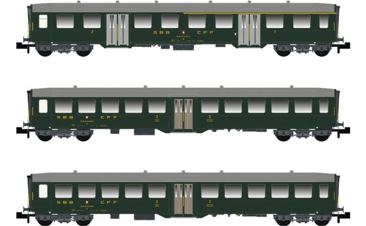 MW-Modell N-CH-220c Leichtstahlwagenset 3-tlg SBB, Spur N MW-Modell N-CH-220c Leichtstahlwagenset 3-tlg SBB, Spur N
