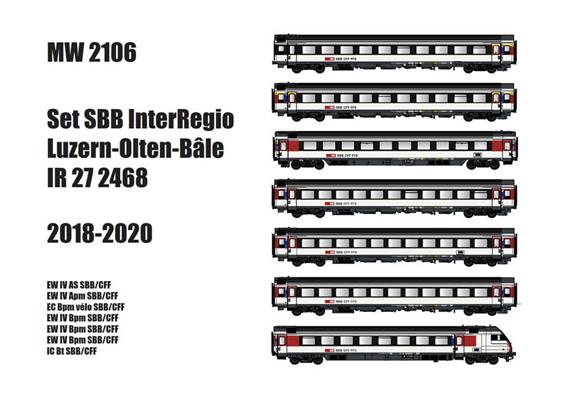 MW2106DC Personenwagenset 7-tlg InterRegio Luzern-Olten-Basel IR27 2468 SBB, H0 DC