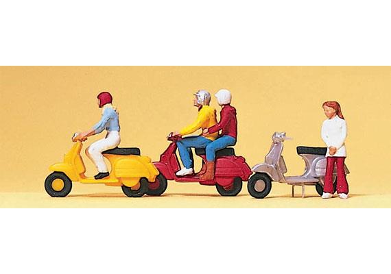 Preiser 10128 Motorroller "Vespa"-Fahrer, Set mit 4 Figuren und Zubehör