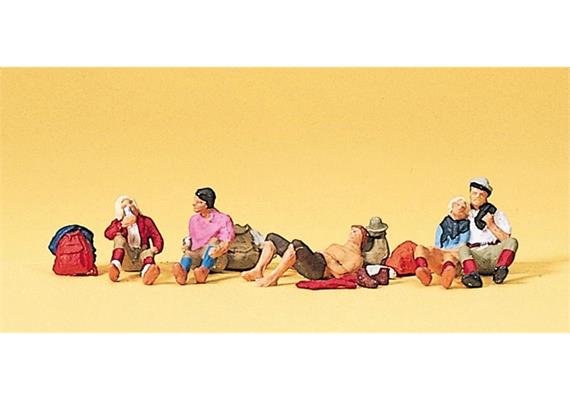Preiser 10442 Rastende Wanderer, Set mit 5 Figuren und Zubehör