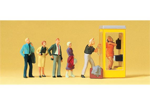 Preiser 10523 Wartende an Telefonzelle, Set mit 6 Figuren und Zubehör