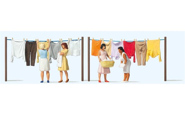 Preiser 10741 Frauen beim Wäscheaufhängen, Set mit 4 Figuren und Zubehör
