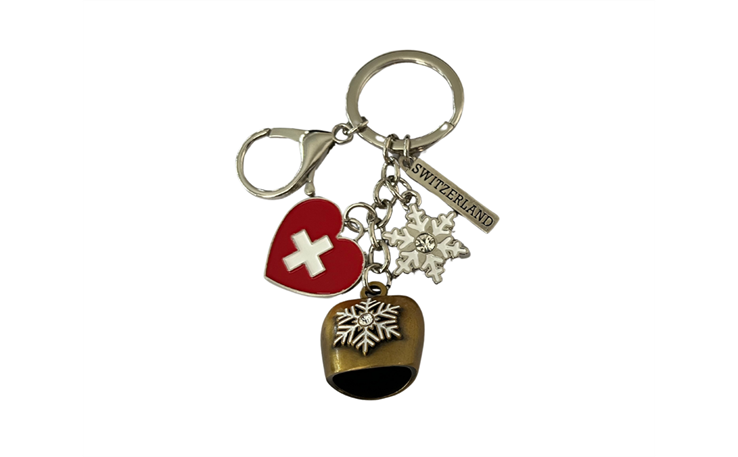 Schlüsselanhänger Glocke gold mit Schneeflocke und Herz, Switzerland