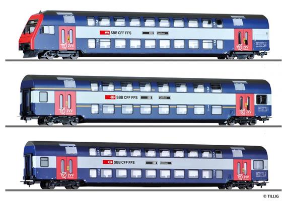 Tillig 70083 Doppelstockwagen-Set 3-tlg Zürcher S-Bahn "S 6 Uetikon" SBB, H0