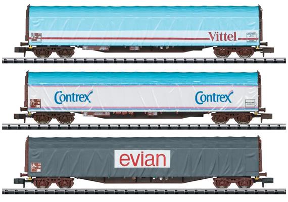 Trix 15375 Schiebeplanenwagen-Set "Mineralwassertransport" SNCF, Spur N