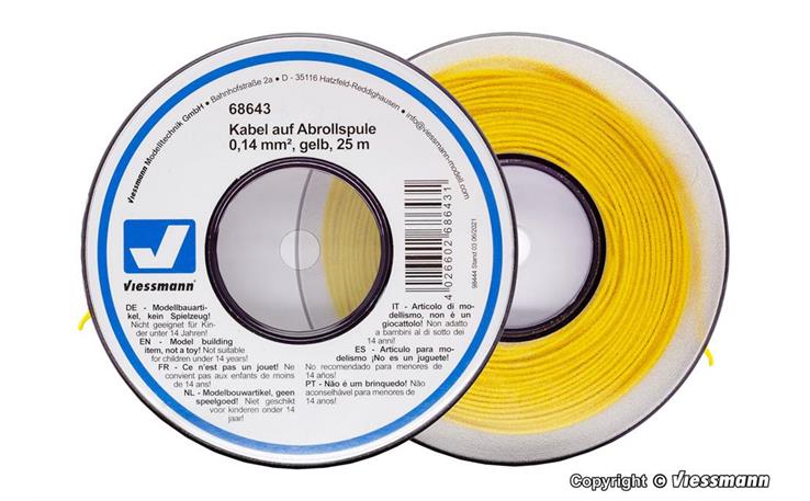 Viessmann 68643 Kabel auf Abrollspule 0,14 mm², gelb, 25 m