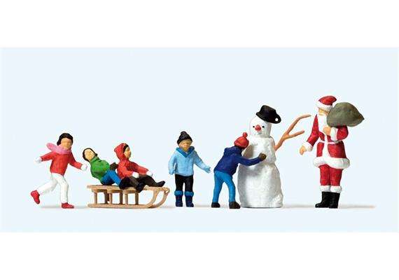 Weihnachtsmann, Kinder, Schneemann