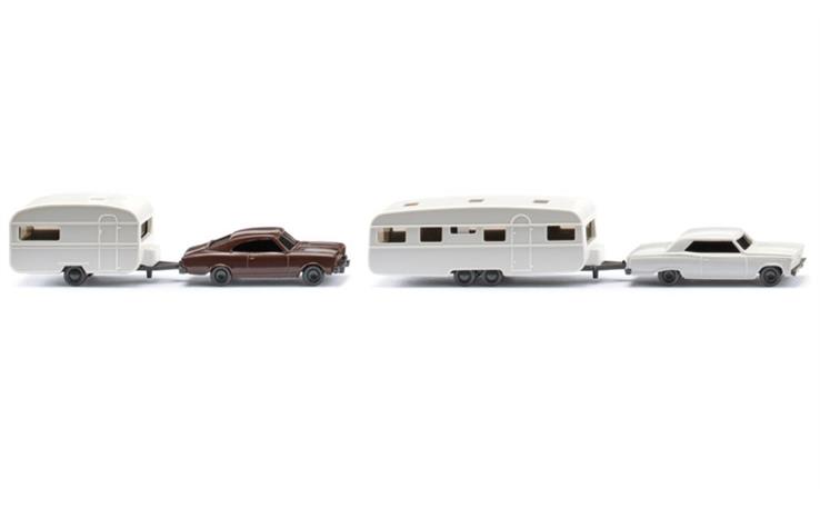 Wiking 92211 Zwei Wohnwagengespanne mit Opel Rekord und Chevy Malibu